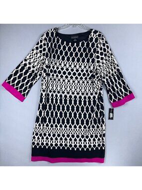 Jessica Howard Shift Dress Geometric Print 3/4 Sleeves Womens Size 22W Black